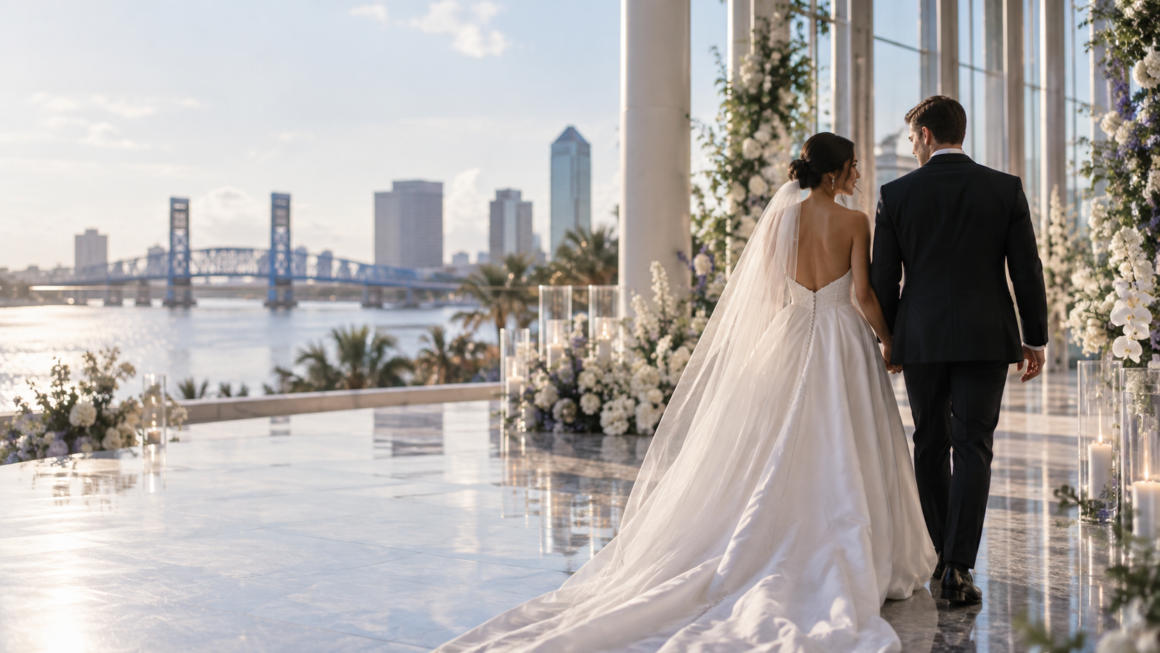 A newly married couple at a Jacksonville waterfront venue